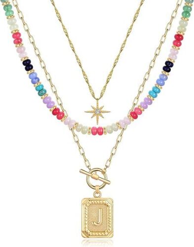 MJartoria Layered Initial Necklaces for Women 14K Gold Plated Brass, Star Choker, Colorful Beaded, Square Letter Pendant