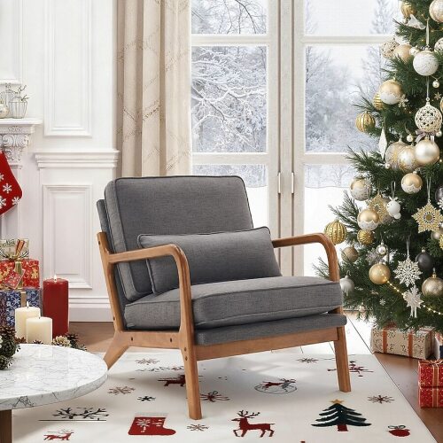 Mid Century Solid Wood Accent Chair Upholstered Armchair with an Extra Pillow