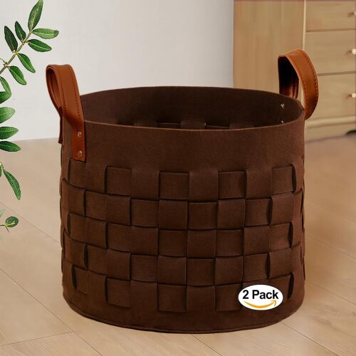 Blanket Basket 15 " x15 x13 2 Pack, Fabric Large Basket with Leather Handle, Dirt Clothes Laundry Basket Round for Babies, Dogs and Living Room