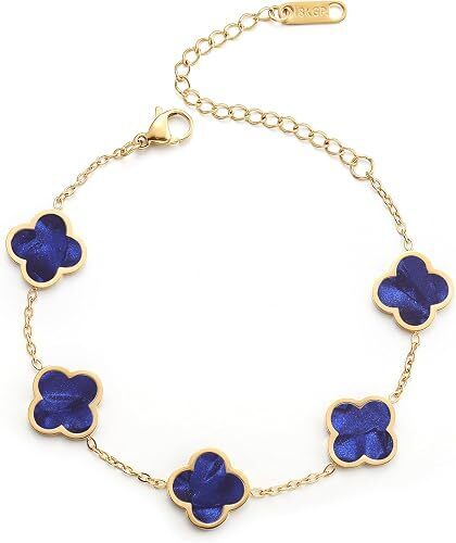 AIPPK 18K Gold Plated Clover Lucky Bracelet for Women Dark Blue Flower Four Leaf Link Bracelets Trendy Jewelry Gifts for Women