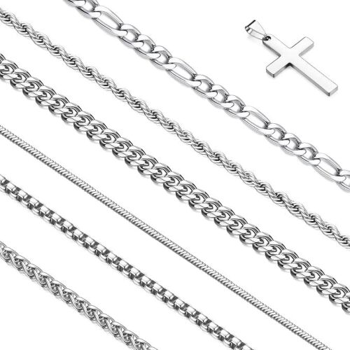 Stackable Silver Chain for Men, 6/7 Pcs Stainless Steel Cross Chain Mens Necklace Jewelry Set for Men, 5/6 Chains + 1 Cross Pendant, Silver-18"/20" Stackable Length, Stainless Steel