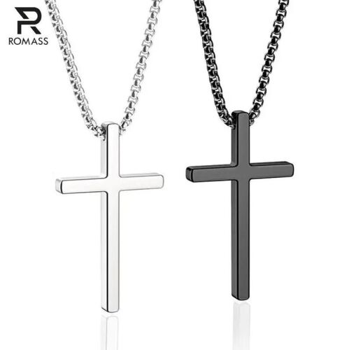 ROMASS 2 Pcs Cross Necklace for Men,Stainlesssteel Pendant Silver Black Crosses Chain Jewelry