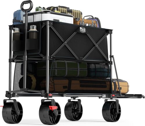 TIMBER RIDGE 400L Folding Double Decker Wagon with Brakes, 54" Extra Long Extender Wagon Cart, 450lbs Heavy Duty Collapsible Cart with All-Terrain Big Wheels for Camping, Sports, Shopping