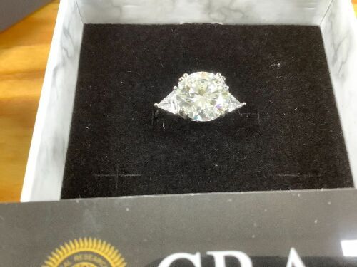 GRA Certified 3-Stone Moissanite Engagement Ring – 925 Sterling Silver Round Brilliant Cut Center with Trillion Side Accents