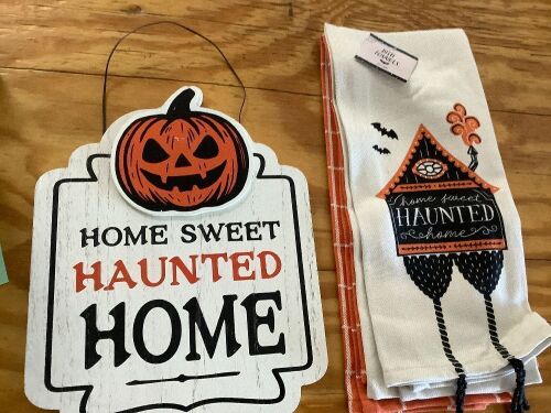 Set of Halloween-themed Dish Towel and Sign