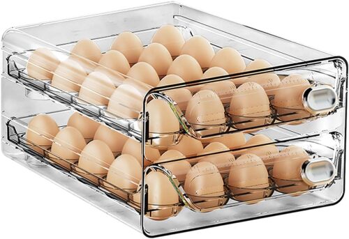 40 Egg Container for Refrigerator, 2 Layers Egg Storage Drawer Stackable Egg Box for Fridge, Refrigerator Egg Holder with Time Scale, Egg Storage Container Clear Plastic Egg Tray (2 Layers)