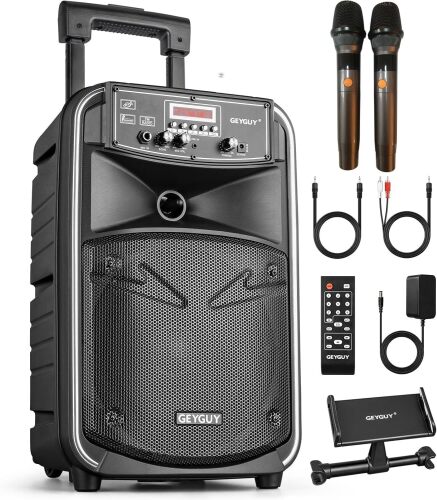 Portable Bluetooth PA Speaker System with 2 Wireless Microphones, 8" Karaoke Speaker, Rechargeable Battery, Rolling Wheels, LED Display, FM/AUX/MP3/USB/SD for Outdoor Party Events