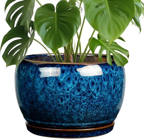 10 Inch Plant Pot - Ceramic Planter Pot with Drainage Hole and Saucer, Decorative Plant Pot for Indoor Outdoor Plants, Round Large Planter Flower Pot
