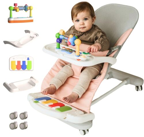 Cuddo Baby Bouncer 4-in-1 |Pianos, Feeding Tray, Play Bar, Wheels| Pink Grow with Baby, Breathable Mesh, 3-Level Recline Foldable Seat, for Infant to Toddler