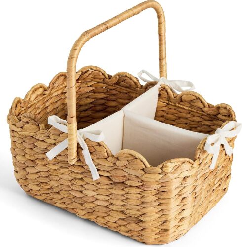Baby Diaper Caddy Organizer, Large Portable Handmade Nursery Basket w/Removable Divider & Handles, Handwoven Changing Table Storage Bin for Nursery Organization