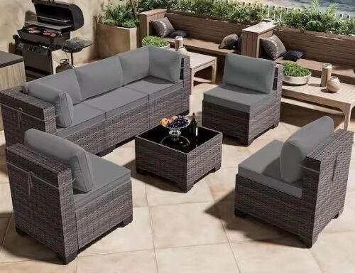 7-Piece Wicker Outdoor Sectional Set with Cushion Gray