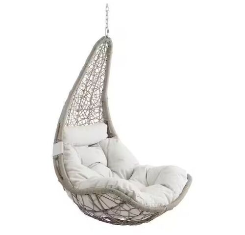 Moon-Shaped Outdoor Wicker Porch Swing Hanging Chair with Beige Cushion