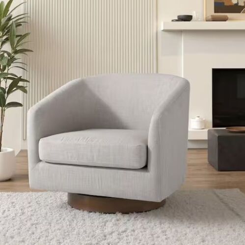 Khaki Linen Upholstered 360° Swivel Arm Chair With Wood Base