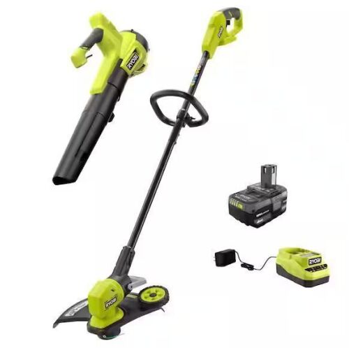 RYOBI ONE+ 18V Cordless Battery String Trimmer/Edger and Jet Fan Blower Combo Kit (2-Tools) with 4.0 Ah Battery and Charger