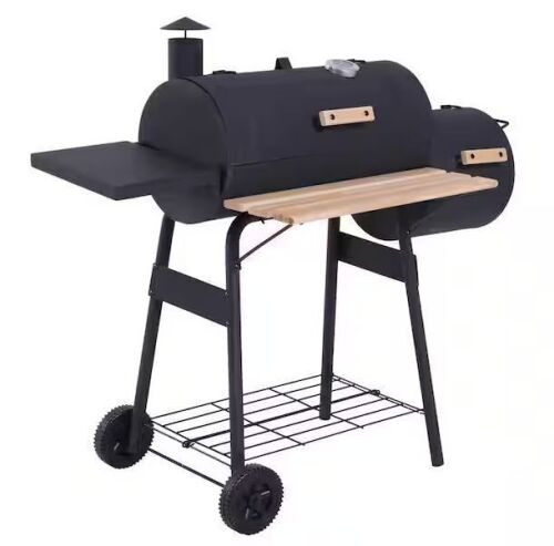 Outsunny 48 in. Steel Portable Backyard Charcoal BBQ Grill and Offset Smoker Combo in Black with Wheels and 2 Storage Shelves