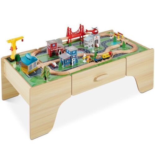 70-Piece Train Table, Large Multipurpose Wooden Playset w/ Reversible Table Top
