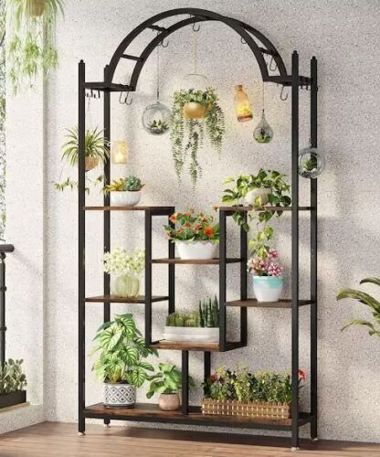 Wellston 74.8 in. Rustic Brown 5-Tier Indoor Plant Stand Flower Rack with Side Hanging Hooks and S-hooks