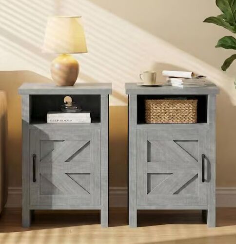 Farmhouse Modern Nightstand with Shelf and Barn Door, Set of 2