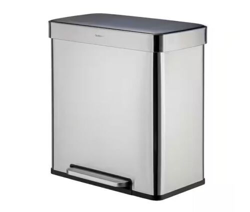 Qualiazero 16 Gal. Dual Compart Stainless Steel Recycle Trash Can, Step-on - Small Dent