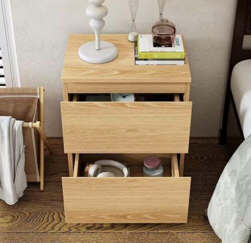FUFU&GAGA 2-Drawer Natural Brown Wood Grain Nightstand 18.9 in. H x 15.7 in. W x 11.6 in. D
