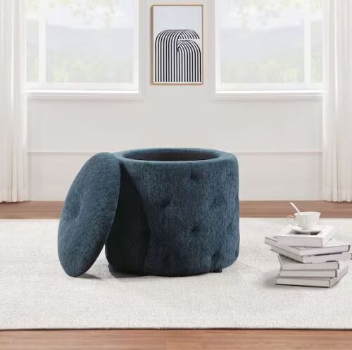 OSP Home Furnishings Erindale Indigo Fabric Round Storage 18.5 in. Ottoman