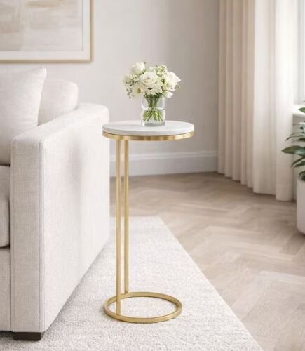 Liv & Skye 10 in. W x 24 in. H White Round Marble Top Accent End Table with Gold Metal Base
