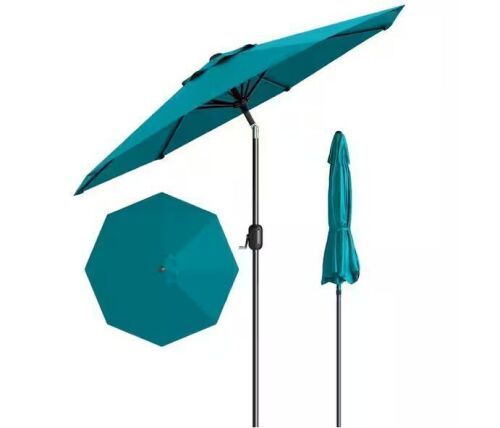 9 ft. Steel 8-Rib Double-Vent Market Patio Umbrella with Crank Lift and Push-Button Tilt in Turquoise Blue
