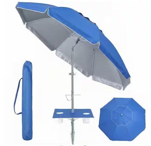7 ft. Metal Tilt Beach Umbrella with Sand Anchor and Carry Bag, Built-in Table Tray in Dark Blue