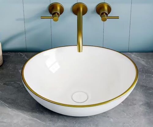 Eridanus Eclisse Vitreous China 16 x 13 in. Oval Bathroom Vessel Sink in White with Gold Trim, Faucet Not Included