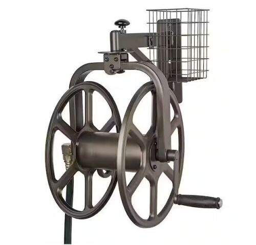 LIBERTY GARDEN Single Arm Navigator Rotating Garden Hose Reel with Storage Basket