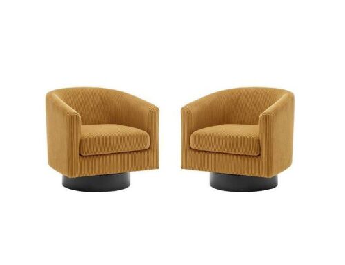 Modern Orange Corduroy Fabric Upholstered 360°Swivel Accent Arm Chair With Wood Base (Set of 2)
