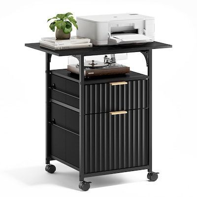 VINGLI 15W 2-Drawer Rolling File Cabinet with 24-in Extended Desktop Fluted Filing Cabinet Fits Letter Size Black
