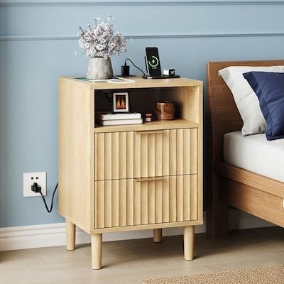 2 Drawer Oak P2 MDF Nightstand Grid Panel 1 Shelf 15.7x13.8x23.6 Inch