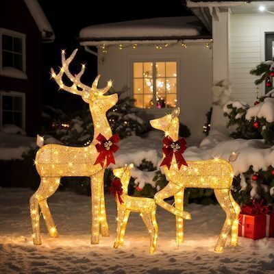 VINGLI 3-Pack 5FT Pre-Lit Christmas Reindeer Family Set Glittered with 280 Warm White LED Lights Gold