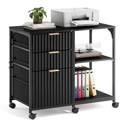 VINGLI 28W 3-Drawer Mobile File Cabinet Printer Stand with Open Storage Shelves Adjustable Fits Letter Size Black