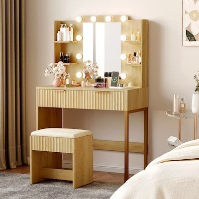 VINGLI 33-in Fluted Makeup Vanity Desk with Mirror Lights Power Outlet 2 Drawers and 4 Storage Shelves