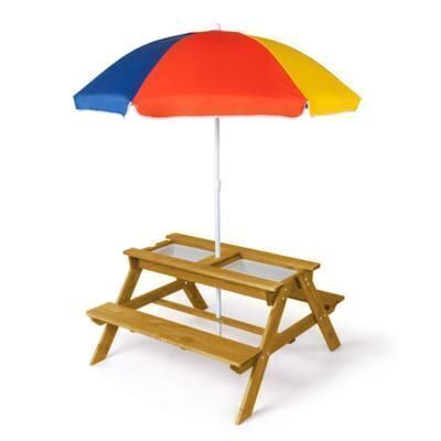 JOYMOR Outdoor Kids Activity Table Wooden 4-in-1 Convertible Design with Sunshade Storage Natural