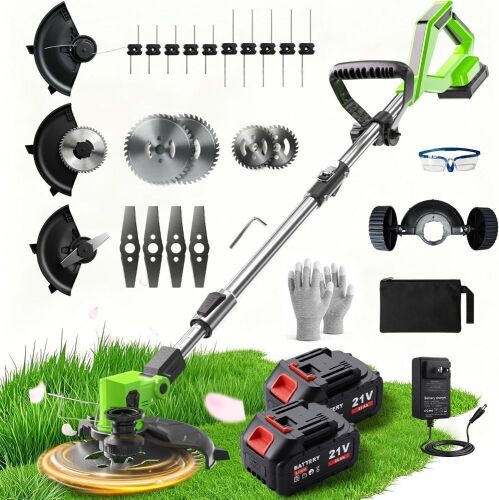 MIBLOB 4 in 1 Cordless String Trimmer with 2 Batteries and Charger, Wheel, Blades, Rotating Head