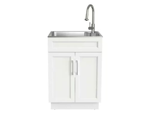 Glacier Bay 24 in. Drop-In Stainless Steel Laundry Sink with Assembled Cabinet in White with Faucet
