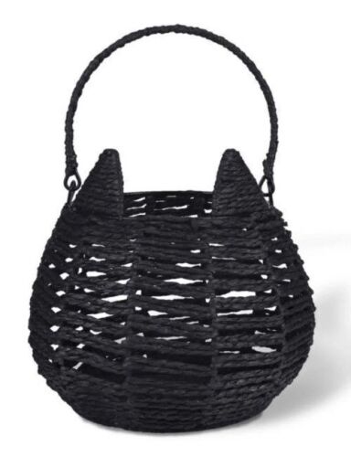 Woven Open-Weave Black Cat Basket with Handle