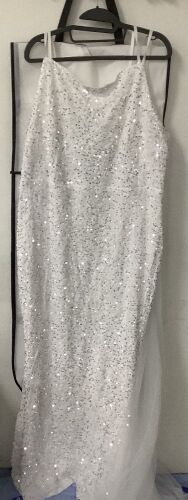 House of Chic Curve+Plus Women's Plus Size White Sequin Maxi Dress with Tulle Overlay, Spaghetti Strap Scoop Neck Floor-Length Formal Evening Gown