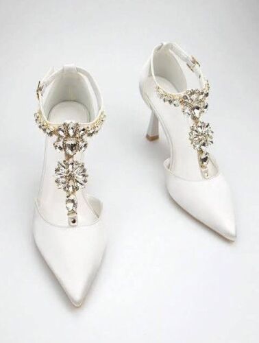 Women Wedding T Strap Rhinestone Shoes Pointed Toe Satin Bridal Stiletto High Heel Dress Shoes