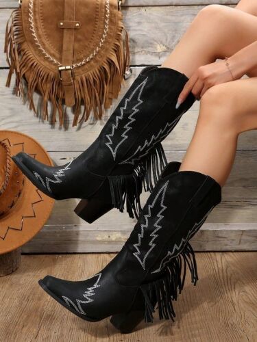 Women's Equestrian & Western Style Boots With Stitching Detail, Pointed Toe And Chunky Heel, Cowboy Boots For Women