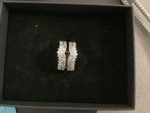 Silver Tone Baguette & Round Cut Chevron Ring Guard Enhancer Wedding Band Jacket
