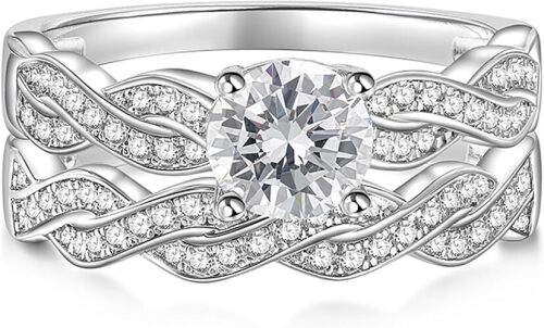 2pcs Wedding Ring Set for Women Double Twisted Bridal Ring Sets Sterling Silver Engagement Round Cut Ring Band Twisting Infinity Pave Set with Jewelry Gift Box