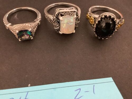 3pc Vintage Boho Ring Set for Women – Sterling Silver Plated Fashion Statement Rings | Mystic Rainbow Topaz Halo, Art Deco White Opal Filigree, & Gothic Black Onyx Sunflower Band | Size 8 Stackable Gift Set