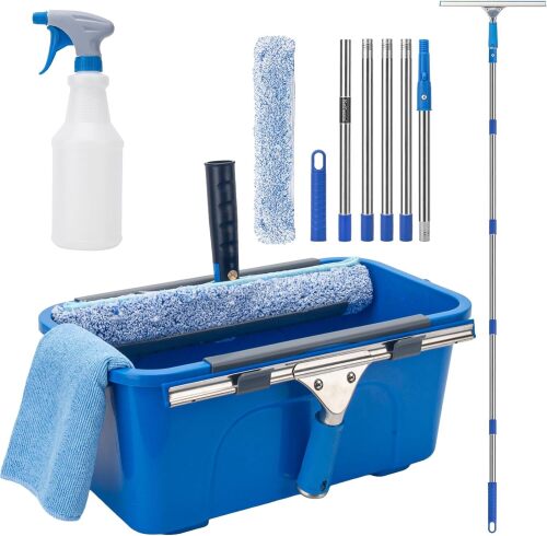 Professional Window Cleaning Kit with 6ft Long Handle, 3 Gallon Bucket 14" Squeegee,15" Scrubber,Spray Bottle,Cloth,Window Washing Equipment Cleaner Tool for Outdoor Commercial Household