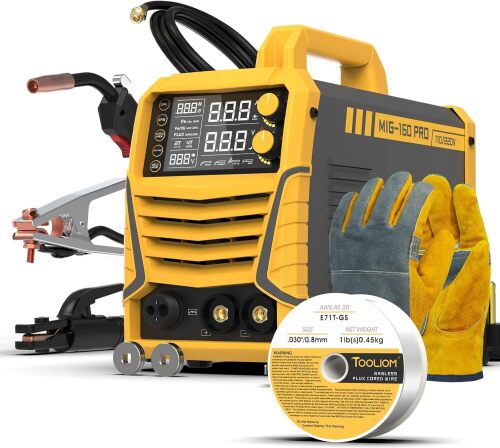 TOOLIOM 160A 110V/220V 4-in-1 MIG Welder Kit with Wire & Gloves Gas MIG/flux core MIG/stick/Lift TIG welder, IGBT inverter, LCD display