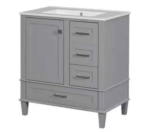 Qualler 30 in. W x 18 in. D x 34 in. H Single Sink Freestanding Bath Vanity in Grey with White Ceramic Top