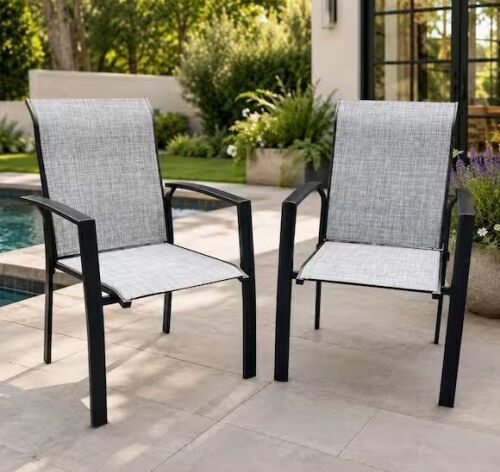 Stackable Patio Metal Dining Chairs with Textilene Fabric, Gray (Set of 2)